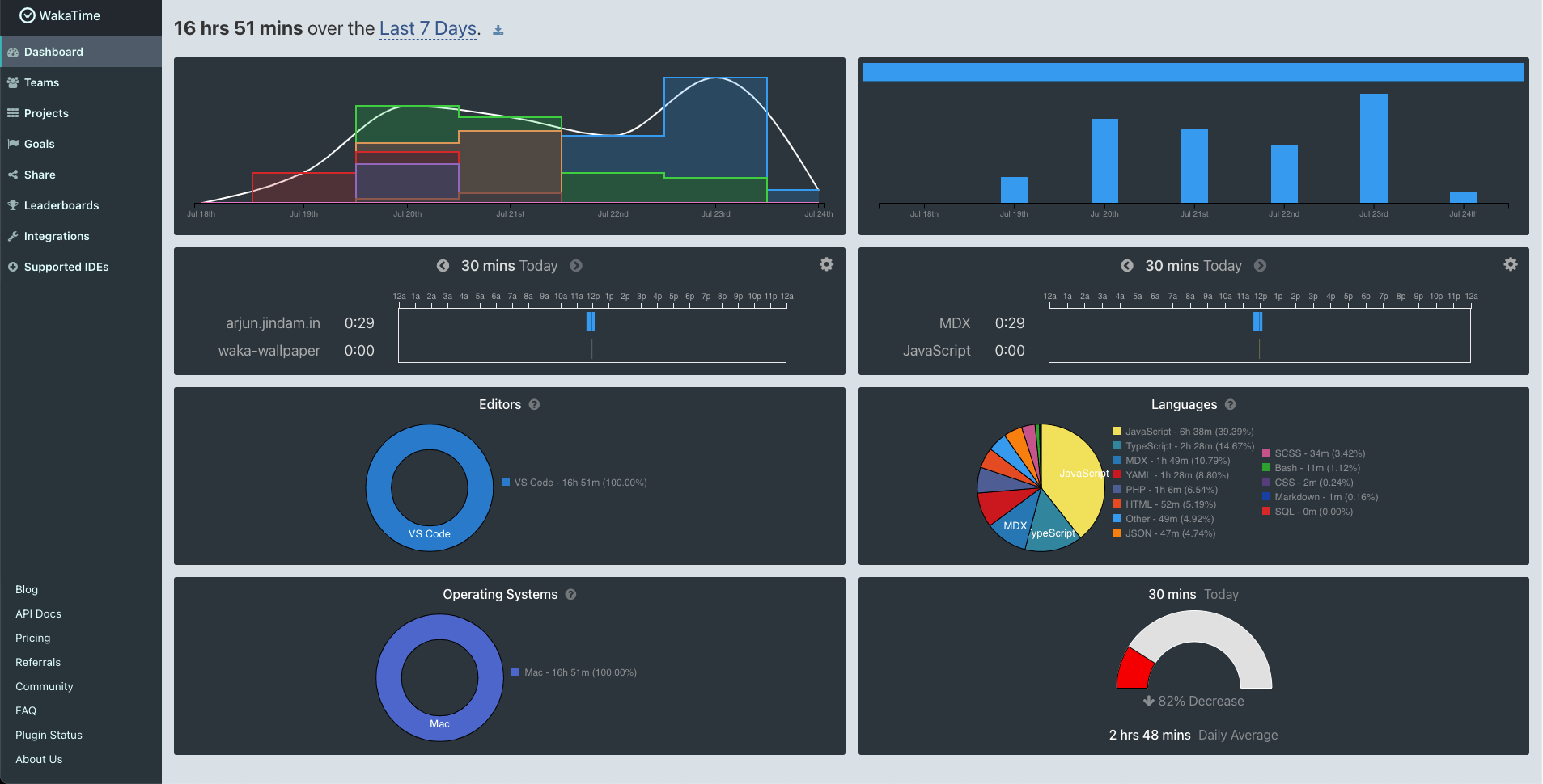 Wakatime dashboard preview.